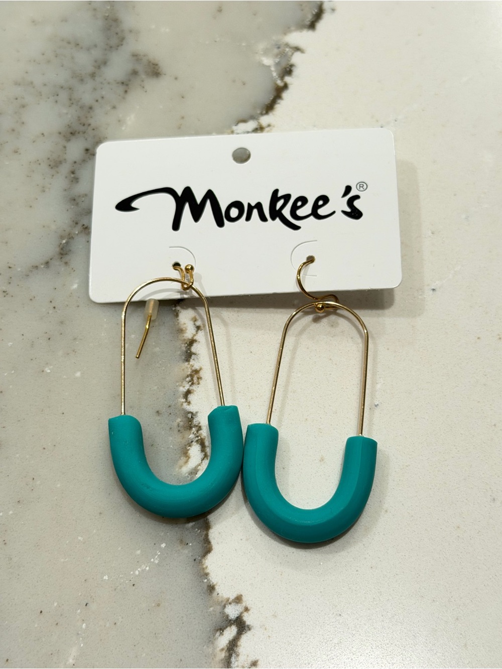 Teal U-Shaped Hoop Earrings - Gold Accent